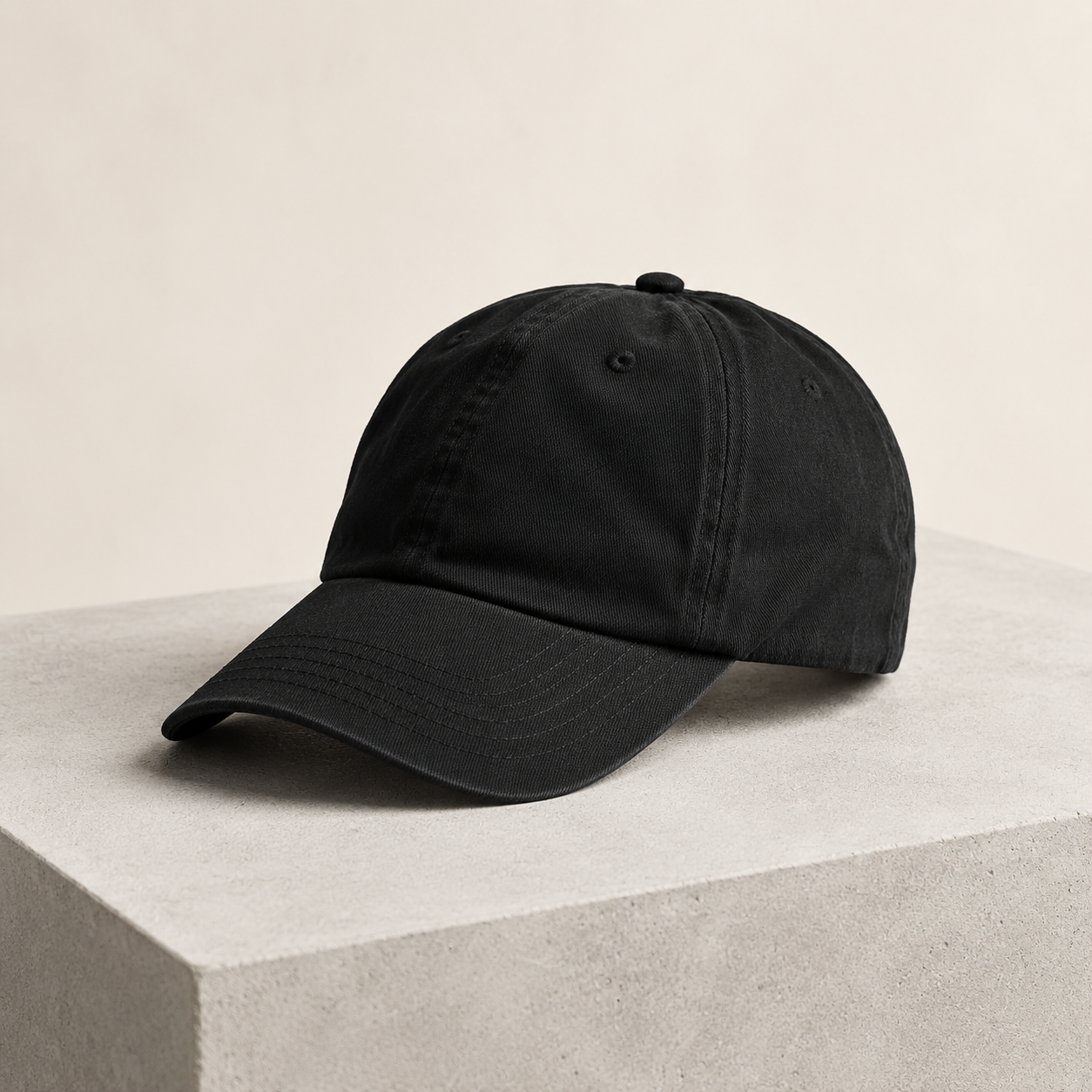 Unstructured black cotton six-panel cap
